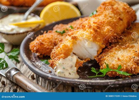 Breaded And Fried Fish Fingers Served With Remoulade Sauce And Lemon