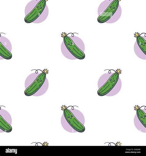 Cute Kawaii Cucumber Seamless Pattern In Doodle Style Vector Hand