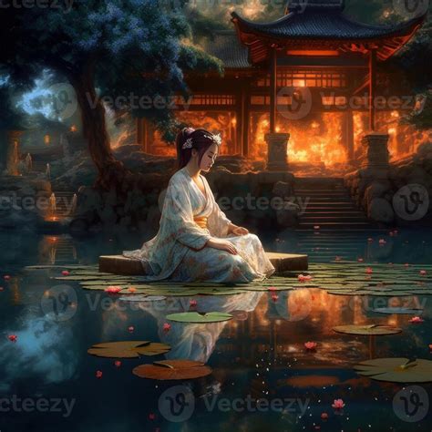 A Young Chinese Sitting In Deep Meditation On Beautiful Pond 22929796