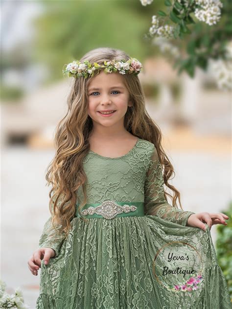 Sage Green Long Sleeve Bohemian Lace Flower Girl Dress White Boho