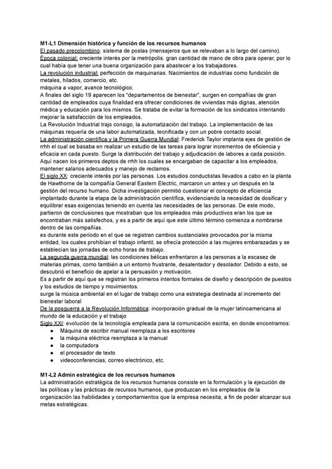 M1 M2 Rrhh Resumen 2023 Rrhh Clasee M1 L1 Dimensión Histórica Y