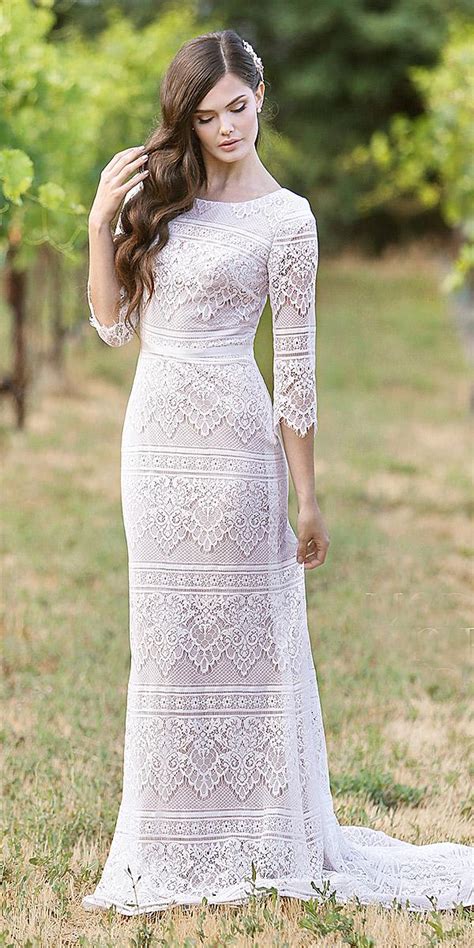 Mon Cheri Modest Wedding Dresses Sheath Long With Sleeves Lace Boho