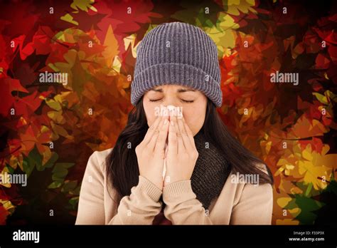 Composite Image Of Sick Brunette Blowing Her Nose Stock Photo Alamy