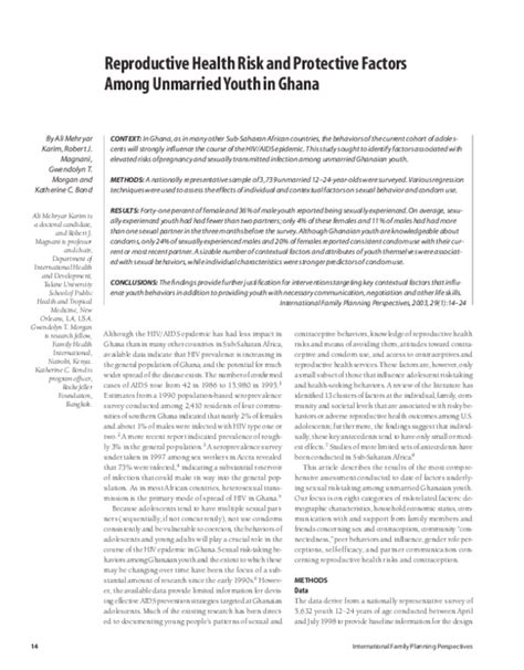 Pdf Reproductive Health Risk And Protective Factors Among Unmarried