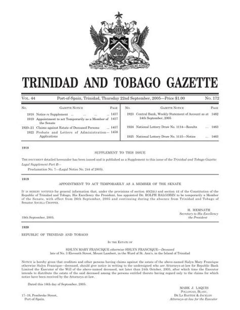 Gazette No 172 Of 2 Trinidad And Tobago Government News