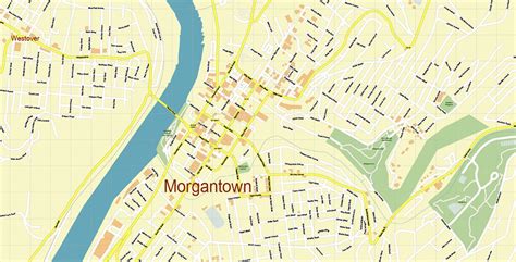 Morgantown West Virginia US Map Vector Accurate High Detailed City Plan editable Adobe ...