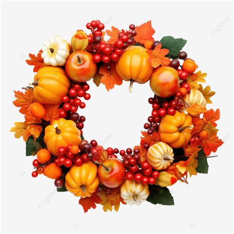 Thanksgiving Wreath With Pumpkins Apples White Berries Copy Space