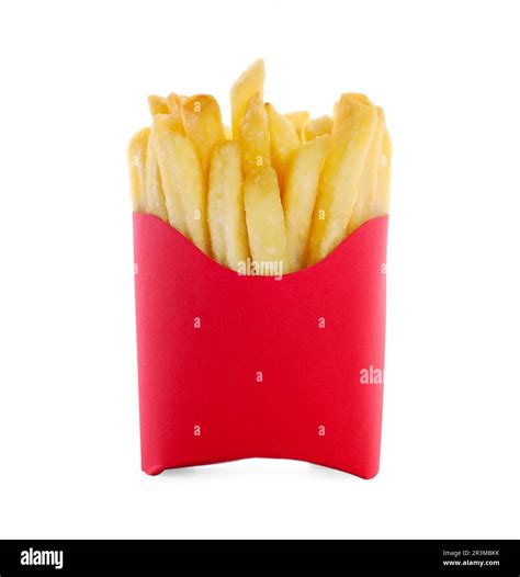 Delicious French Fries In Red Paper Cup Isolated On White Stock Photo