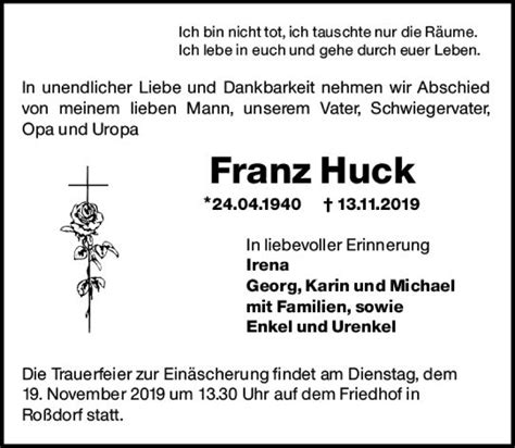 Traueranzeigen Von Franz Huck Vrm Trauer De