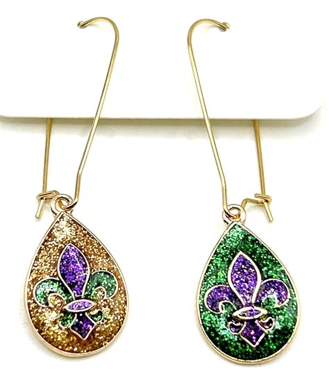 Mardi Gras Gold Purple Green Dangle Drop Earrings Glitter Enamel Fleur