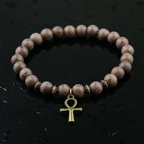 Men Wood Beads Bracelets Natural Violets Wood Egyptian Ankh Cross Bead