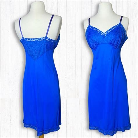 Vanity Fair Intimates And Sleepwear Vintage Blue Vanity Fair Satin Poly Slip Dress Midi Lace