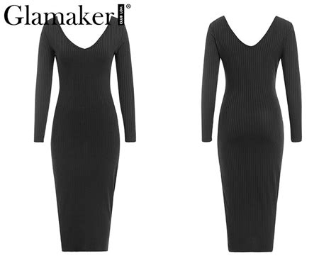 Free Shipping Deep V Neck Elegant Sweater Dress Autumn Long Sleeve