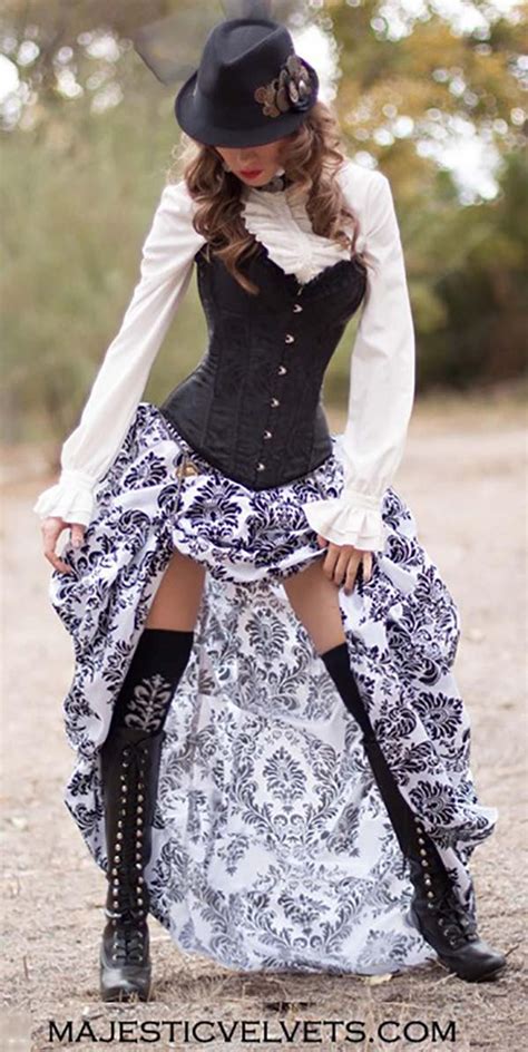 Prêt à Expédier Corset En Satin Noir Avec Noir White Damask Bustle Jupe