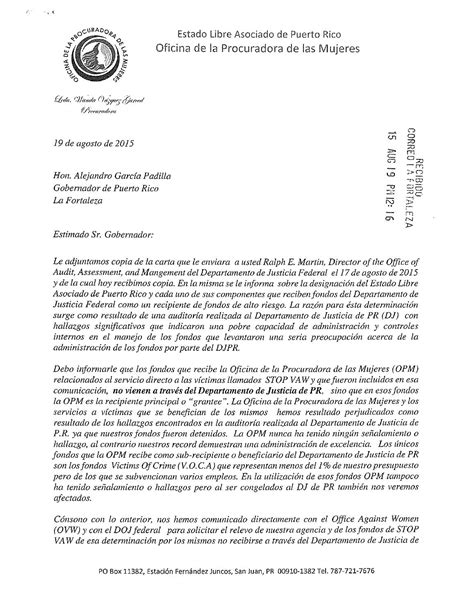 Carta Al Gobernador Solicitando Acci N By Oficina Del La Procuradora De