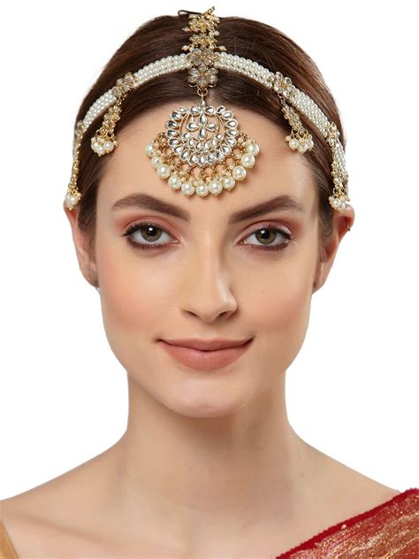 Gold Plated White Kundan Pearls Studded Maang Tikka Bridal Head