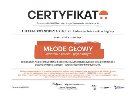 Certyfikat za projekt MŁODE GŁOWY Otwarcie o zdrowiu psychicznym I