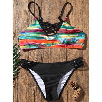 17 OFF 2024 Straps Lace Up Print Bikini In BLACK DressLily
