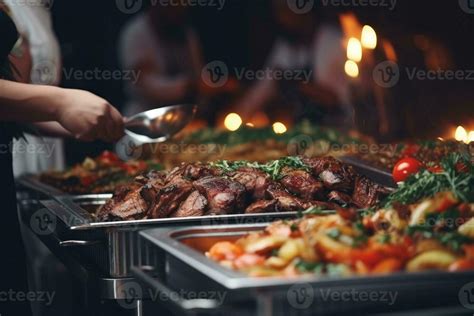 Catering Buffet Food Indoor In Restaurant With Grilled Meat Ai