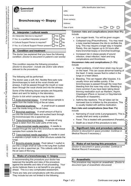 Bronchoscopy +/- Biopsy PROCEDURAL CONSENT FORM