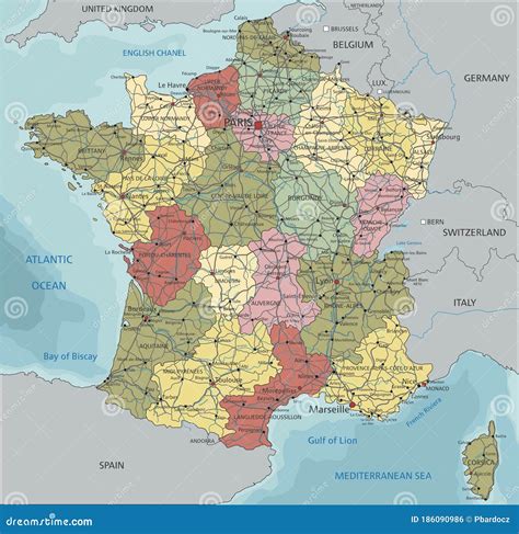 France Highly Detailed Political Map With National Flag Isolated On