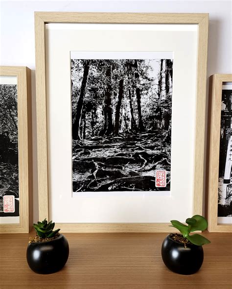 Handmade Japanese Linocut Of The Roots Of The Kurama Forest Etsy