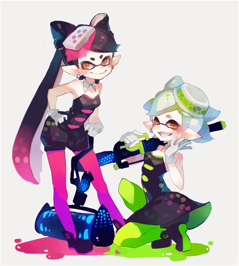 Safebooru 2girls Aori Splatoon Black Dress Black Hair Detached