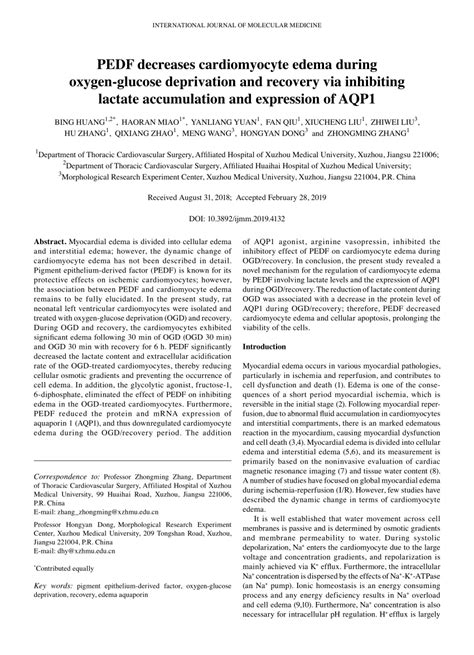 Pdf Pedf Decreases Cardiomyocyte Edema During Oxygenglucose