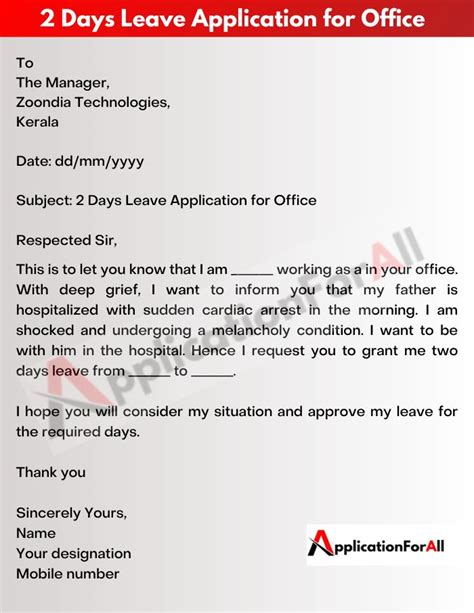 Days Leave Application For Office Letter Writing Examples Leave