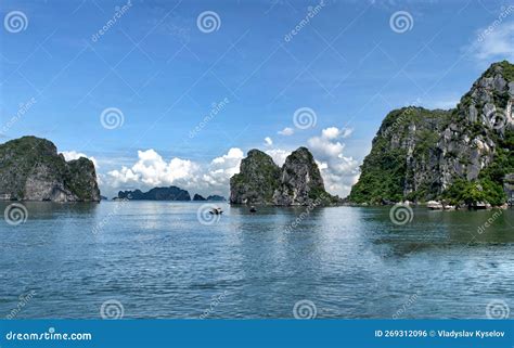 Beautiful Sea Gulf Ha Long Bay Surrounded High Mountains Stock Photo