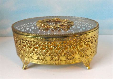 Vintage Large Ormolu Gold Metal And Glass Footed Jewelry Box Etsy Vintage Large Jewelry