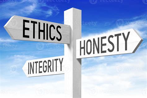 Ethics Concept Wooden Signpost With Three Arrows And Sky In