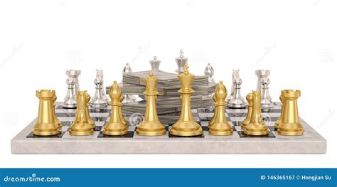 A Pile Of Dollars And Chess On Checkerboard Over White Background 3d