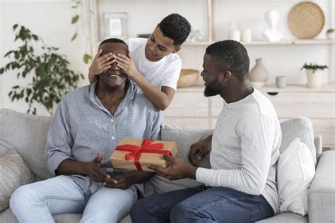 Grandfather S Birthday Mature Black Man And His Son Congratulating Grandad Stock Photo Image
