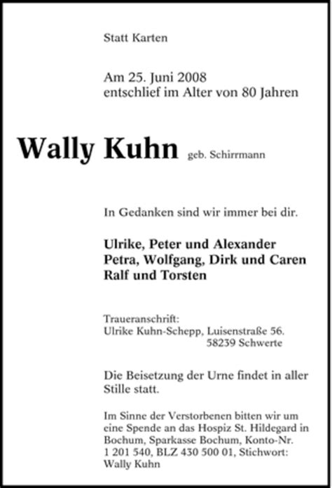 Traueranzeigen Von Wally Kuhn Trauer In Nrw De