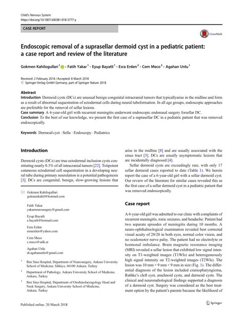 Pdf Endoscopic Removal Of A Suprasellar Dermoid Cyst In A Pediatric