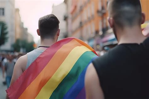 Premium Photo Gay Couple With Rainbow Lgbt Flag On Gay Pride Parade