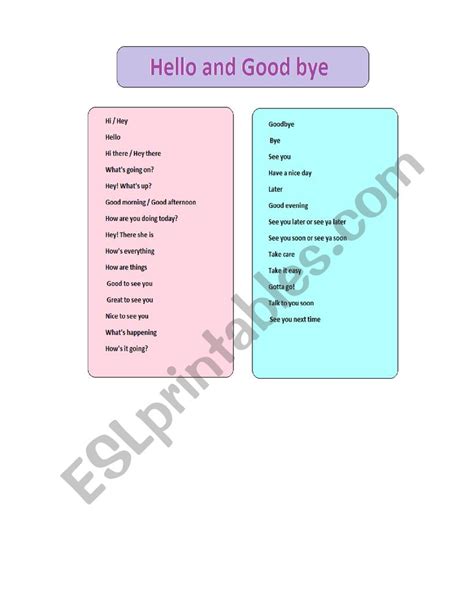 Different Way S To Say Hello And Good Bye ESL Worksheet By Gab4422