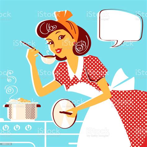 Young Portrait Of Housewife In Retro Fashion Dress Cooking Soup Stock