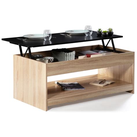 Table basse plateau relevable bois imitation hêtre et noir SOA ID