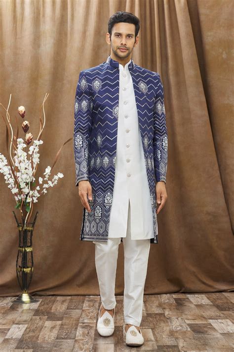 Buy Blue Heavy Imported Silk Embroidered Thread Work Achkan And Kurta