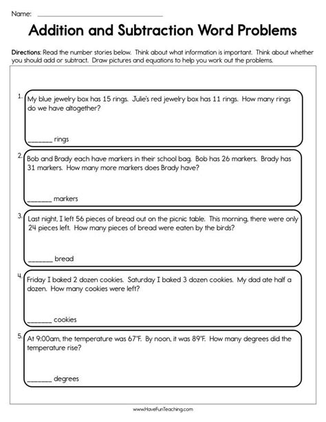 Addition And Subtraction Story Problems Worksheets