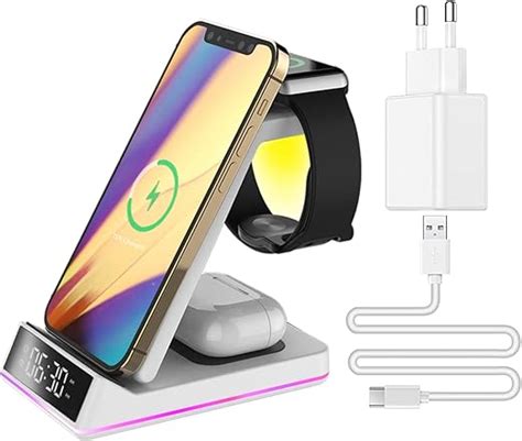 Pinruige Trådlös Laddare 3 I 1 Induktiv Laddningsstation Wireless Charger Med Klocka Och