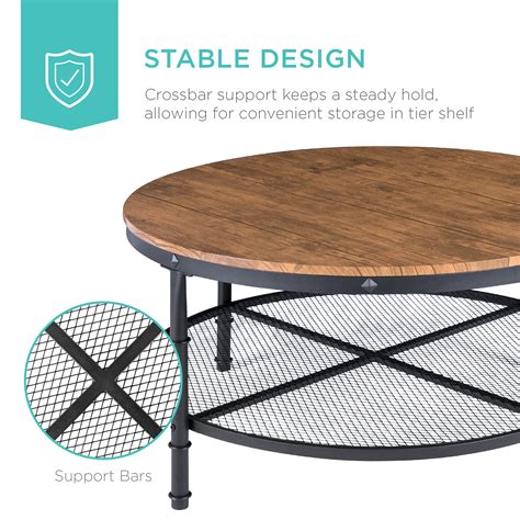 Wholesale 2 Tie Round Industrial Coffee Table Rustic Steel Accent Table Reinforced Crossbars