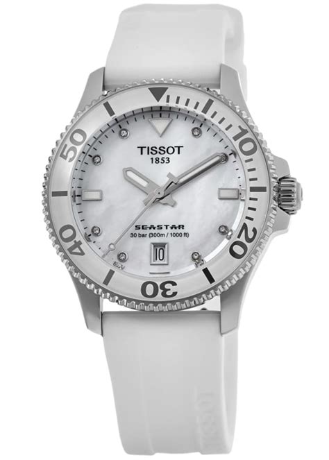 Tissot Seastar 1000 Quartz Mother Of Pearl Dial White Strap Womens Watch T1202101711600