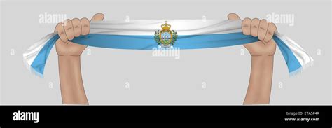 3D Illustration Hand Holding Flag Of San Marino On A Fabric Ribbon