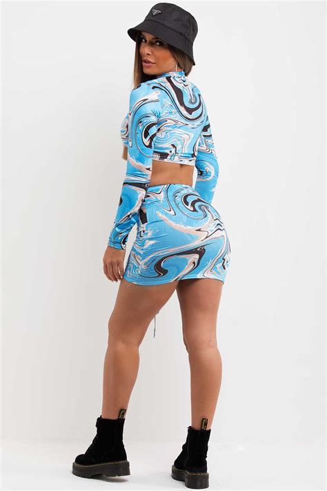 Ruched Mini Skirt And Crop Top Co Ord Blue Rave Festival Outfit