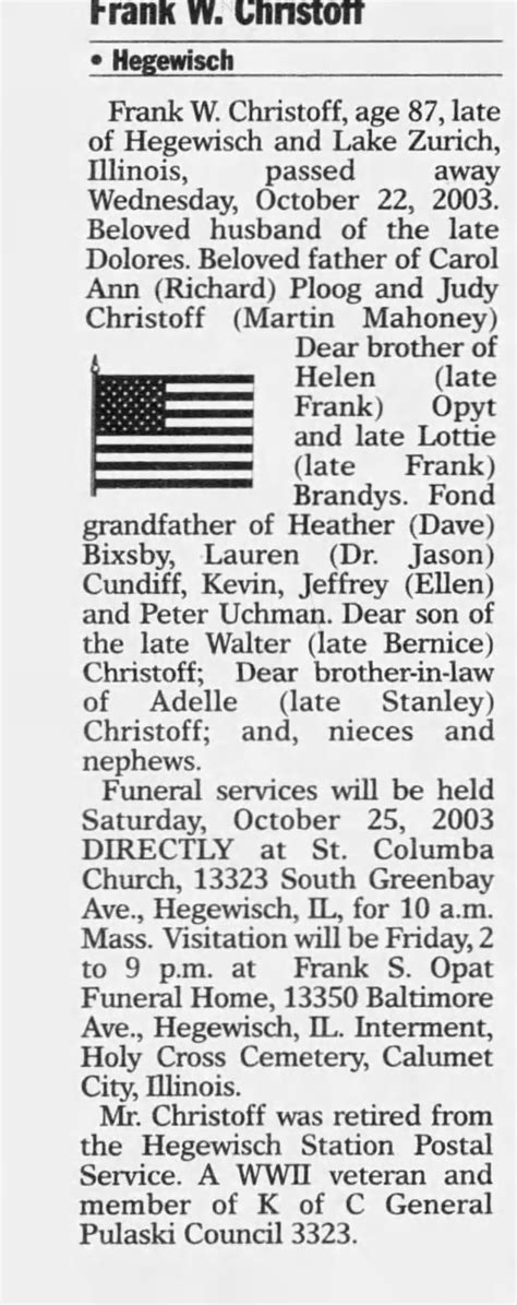 Obituary For Frank W Christoff Aged 87 ™