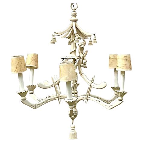 Vintage Coastal Cerused Wood Pagoda With Monkey Chandelier For Sale At