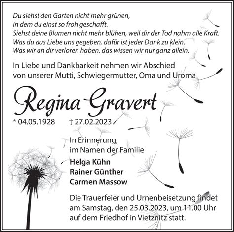 Traueranzeigen Von Regina Gravert M Rkische Onlinezeitung Trauerportal